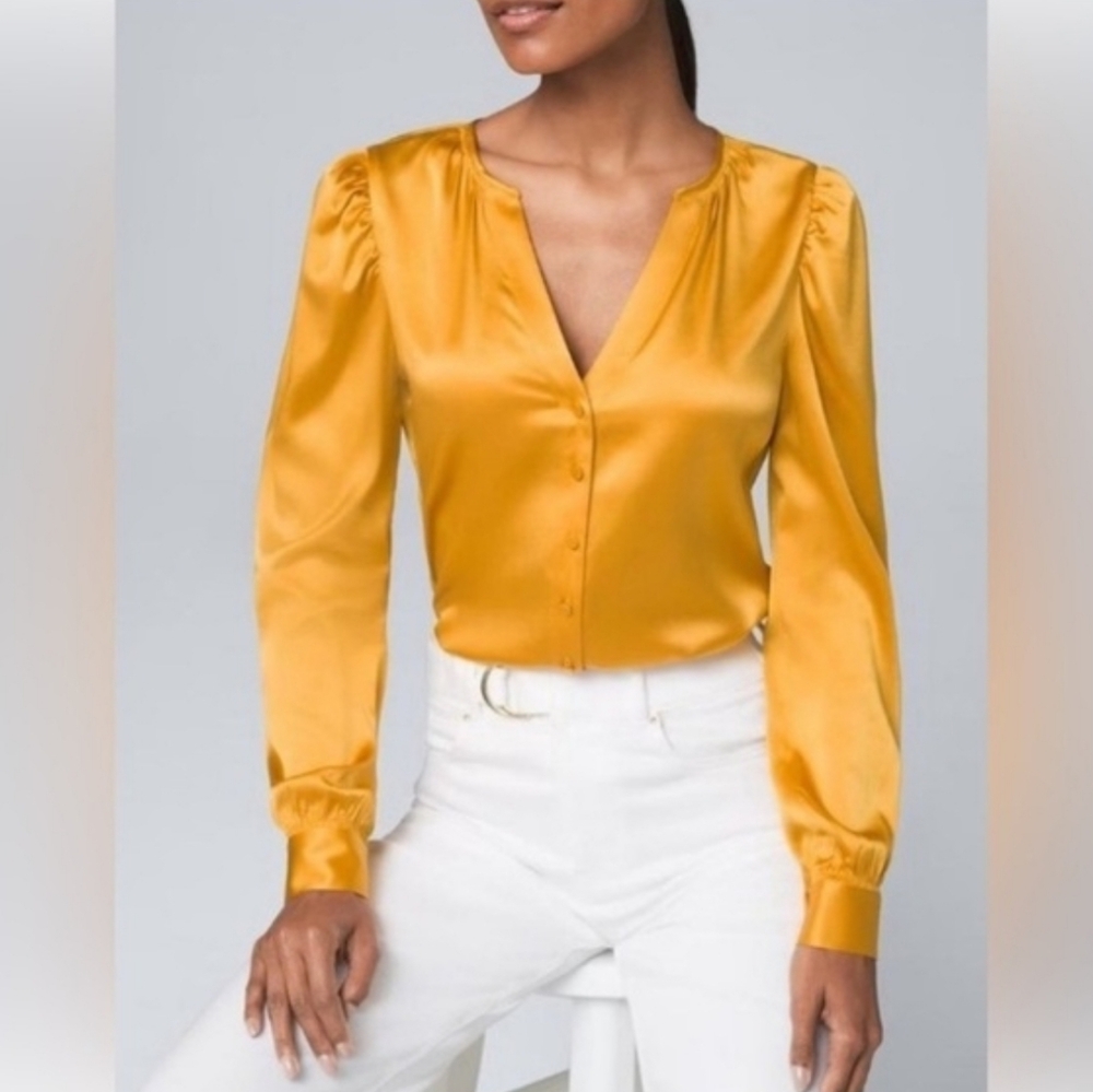 White House Black Market Gold Silk Blouse